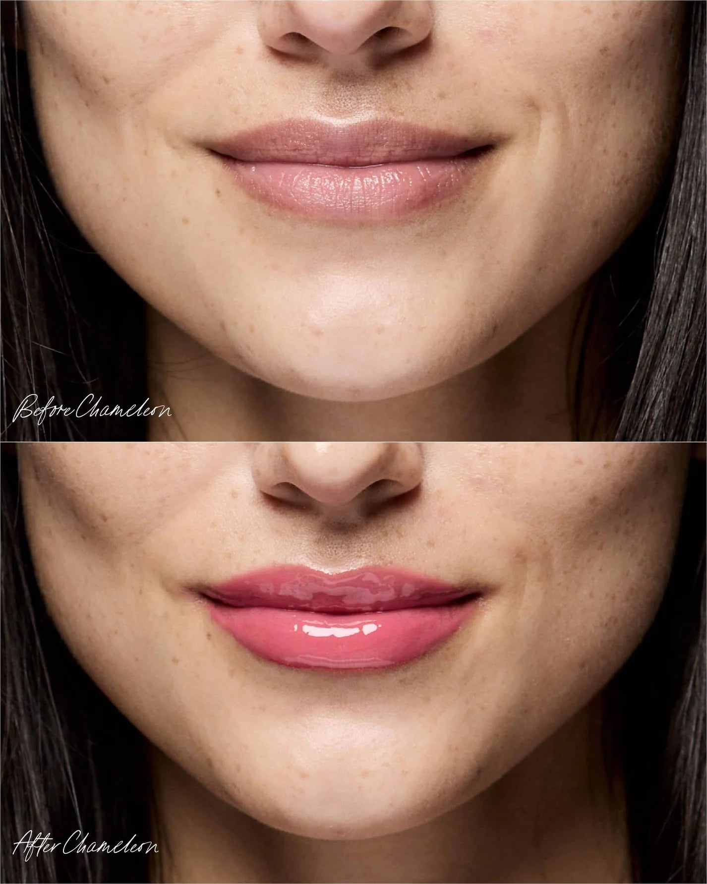 Before and after of lips using the Mini Lip Oil Trio, showcasing the glossy, personalized pink hue from the exclusive Chameleon shade.