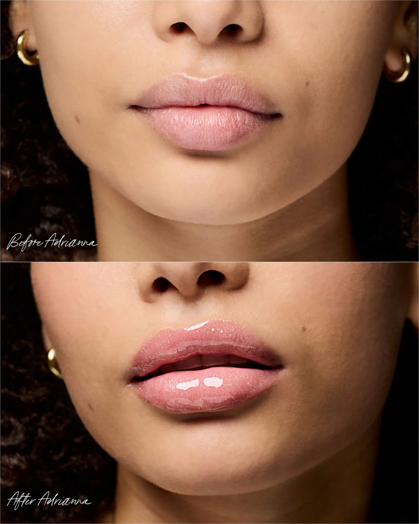 Before and after of lips using The Mini Lip Oil Trio, showcasing fuller, glossy lips with Adrianna shade. Gold hoops and curly hair frame the transformation.