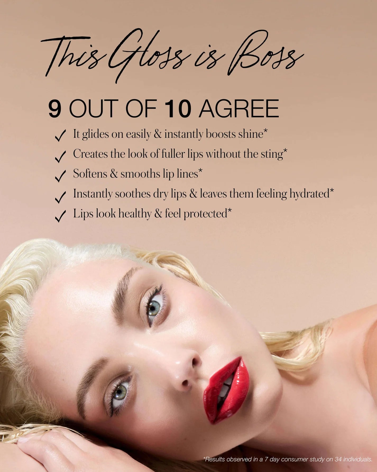 Mini Lip Oil Trio ad featuring vibrant red gloss on a woman's lips, highlighting shine and hydration claims from a consumer study.
