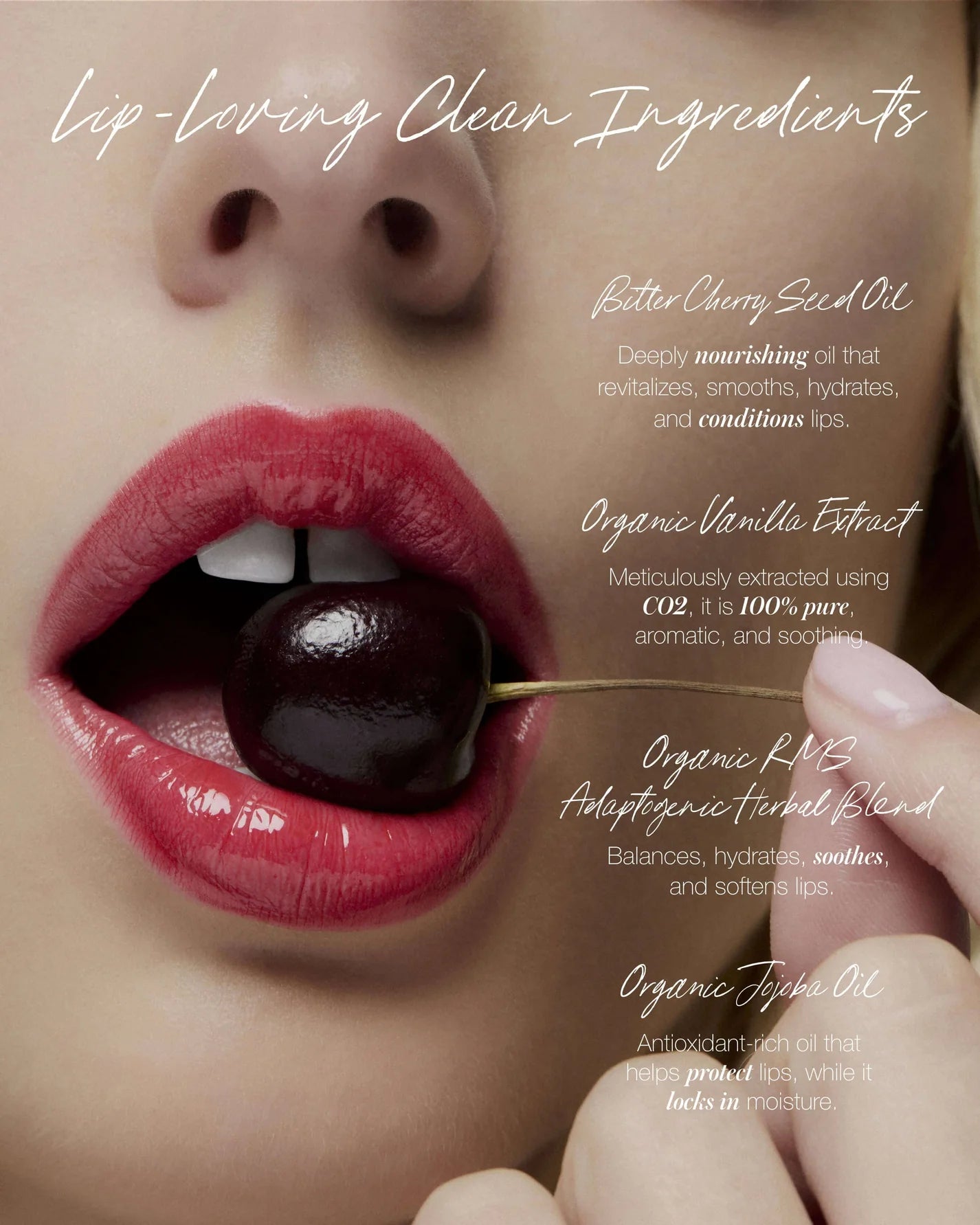 Close-up of glossy lips biting a cherry, highlighting The Mini Lip Oil Trio's nourishing, high-shine formula with clean ingredients and exclusive shades.