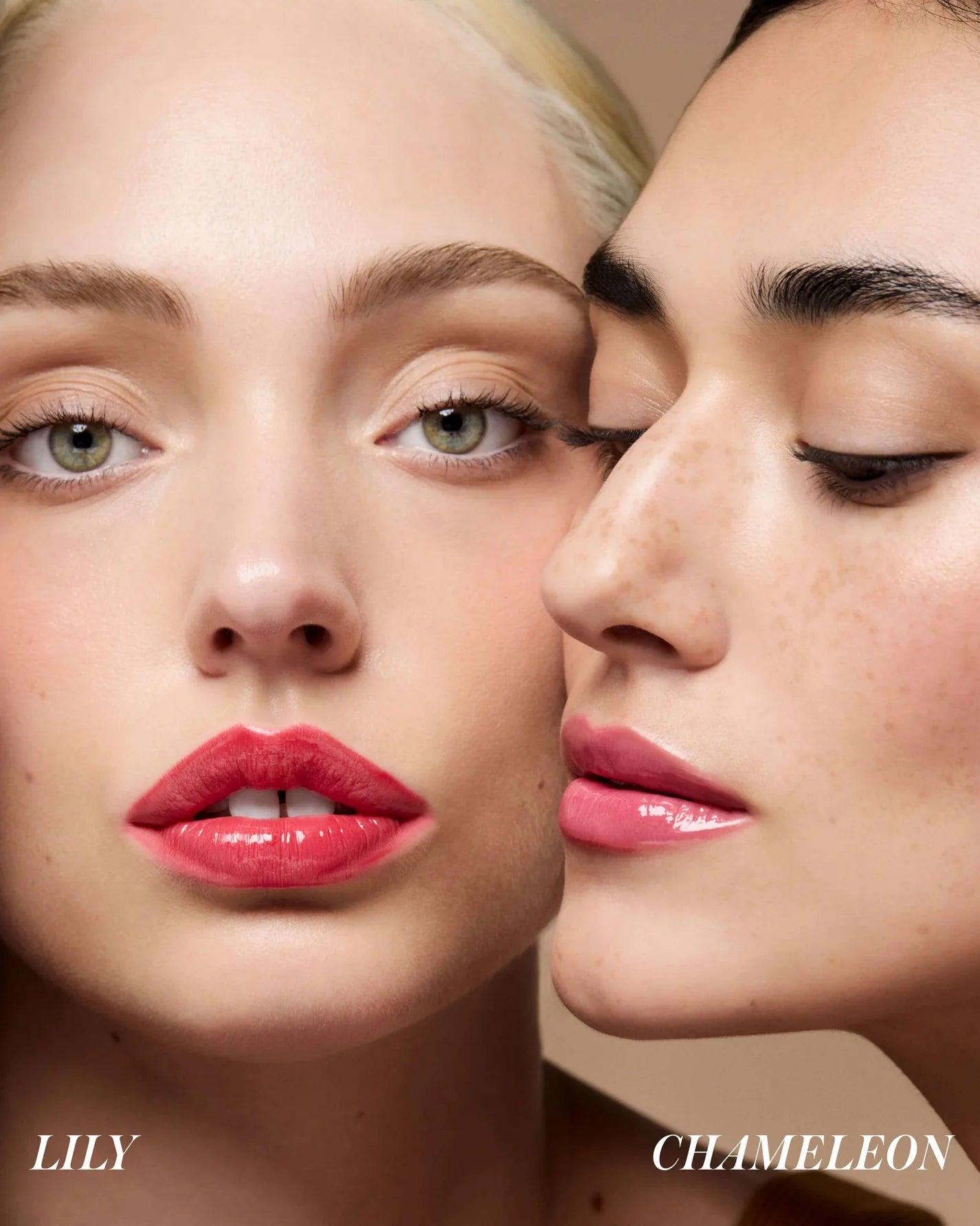 Two women showcase The Mini Lip Oil Trio, featuring shades Lily and Chameleon, highlighting their dewy skin and glossy lips in distinct pink-red hues.