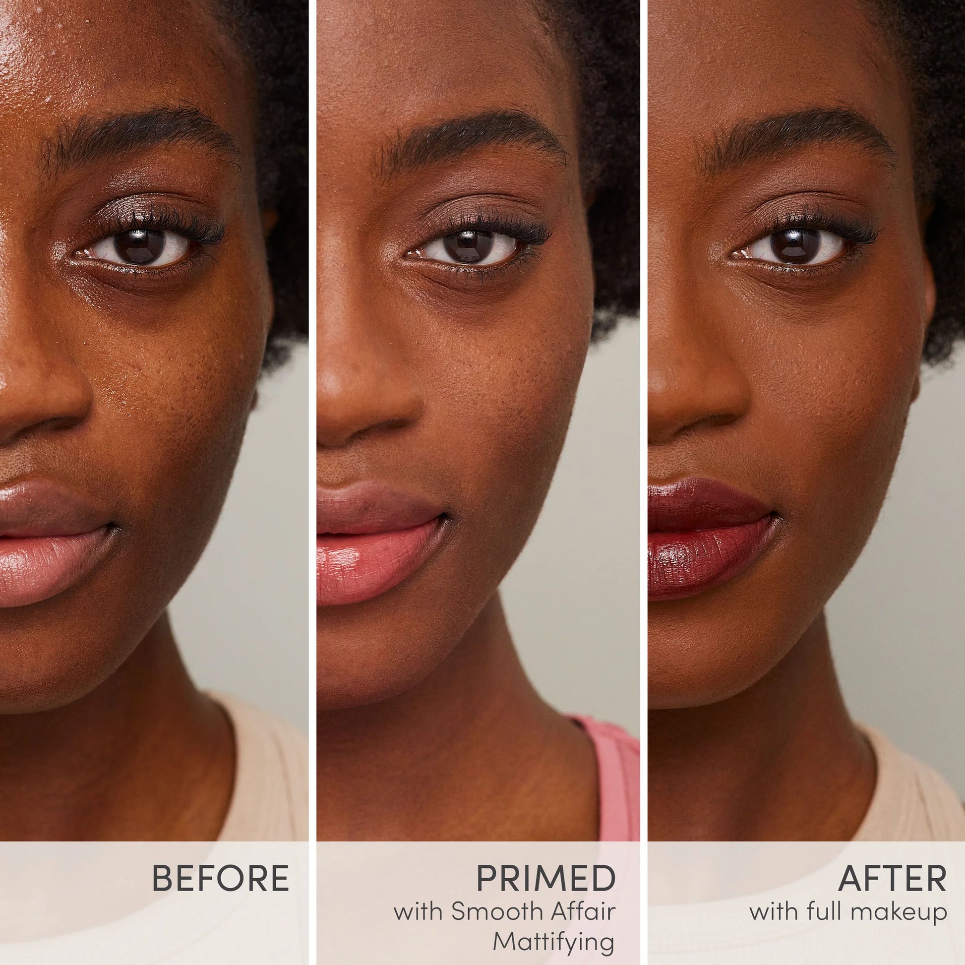 Triptych of a woman's face showing effects of Smooth Affair® Mattifying Face Primer: before with natural shine, primed with smooth matte finish, and after with full makeup.
