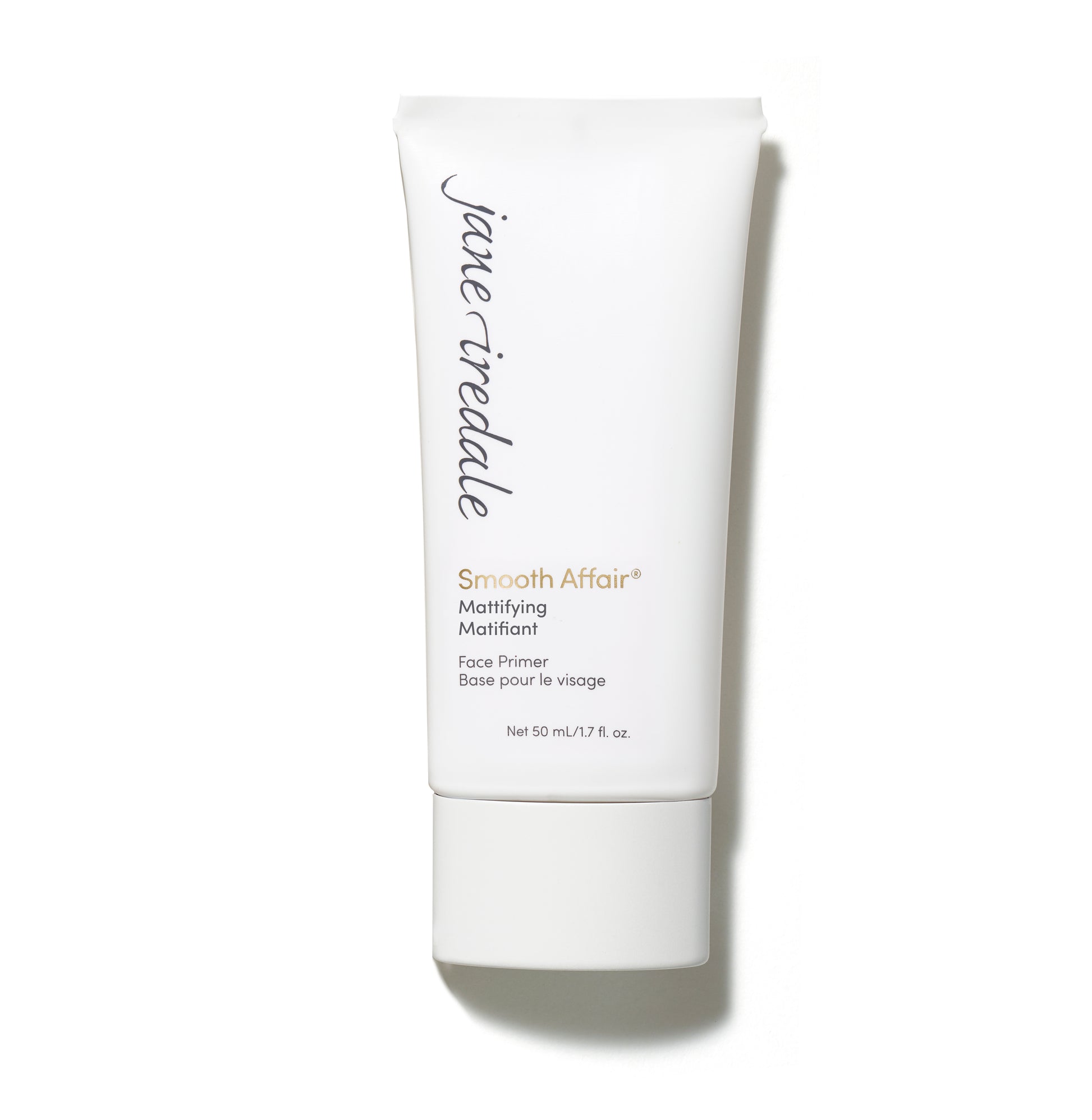 Jane Iredale’s Smooth Affair® Mattifying Face Primer tube, 50 mL, promising matte finish and skincare benefits with Red Algae, Hibiscus, and Rose Geranium extracts.