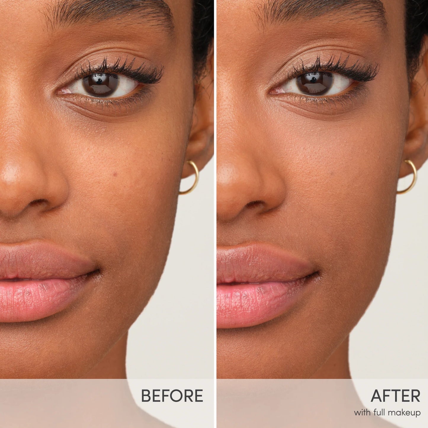 Comparison of woman’s face before and after using Smooth Affair® Brightening Face Primer, highlighting improved complexion and defined features. Gold hoop earring visible in both shots.