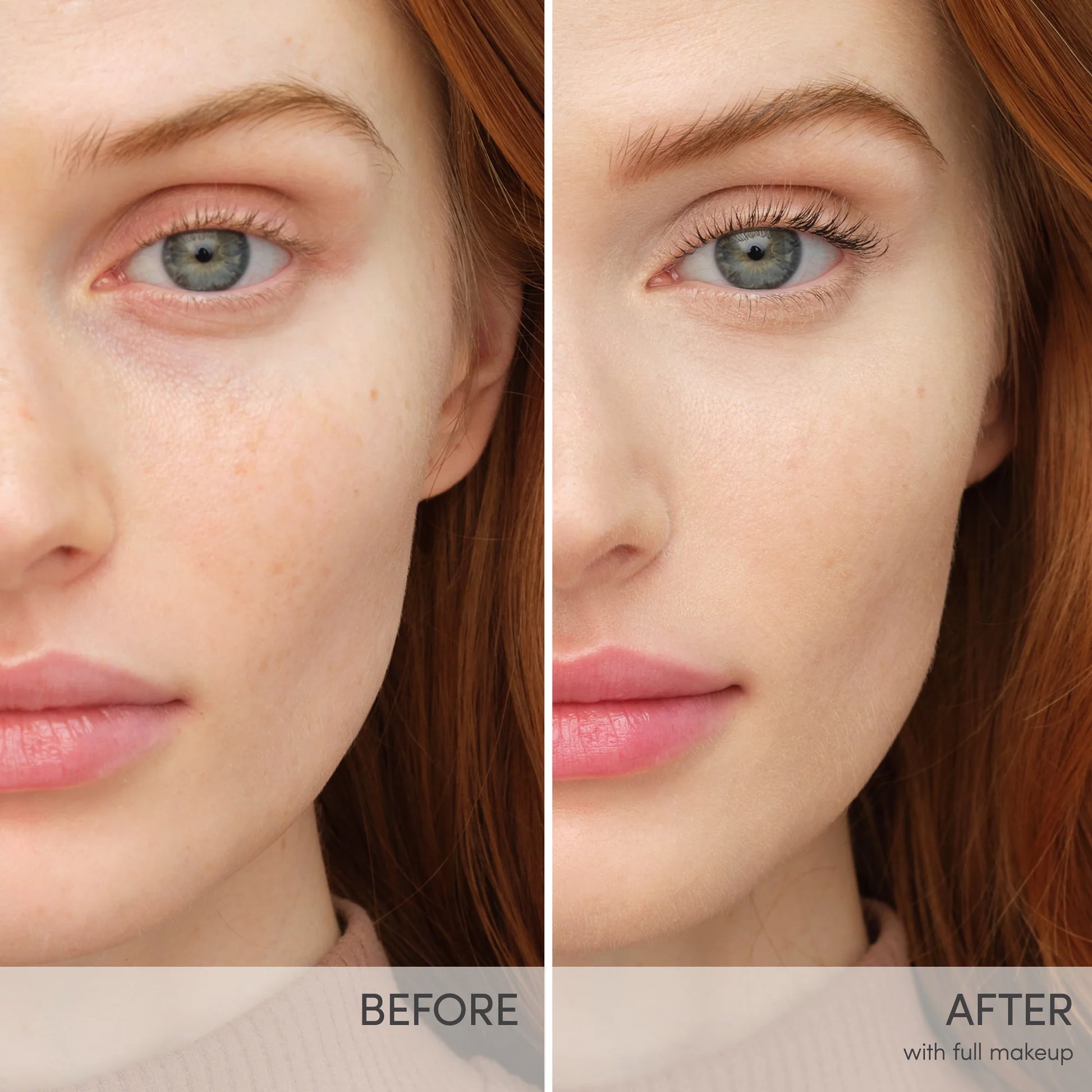 Before and after of a woman's face using Smooth Affair® Brightening Face Primer, showing even skin tone, defined features, and enhanced natural radiance.
