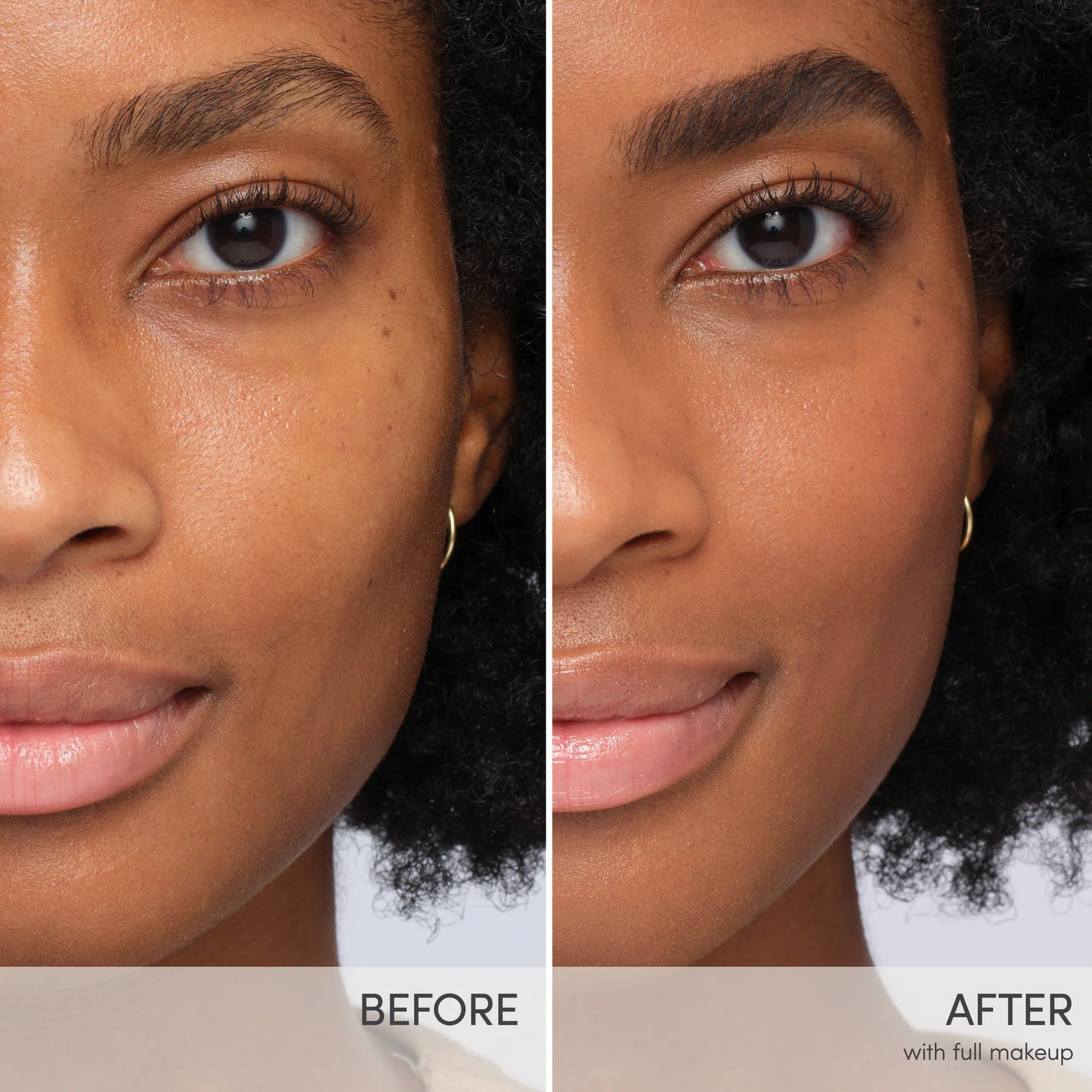 Before-and-after of woman's face using Smooth Affair® Illuminating Glow Face Primer, showing even skin tone, defined features, and radiant glow from primer application.