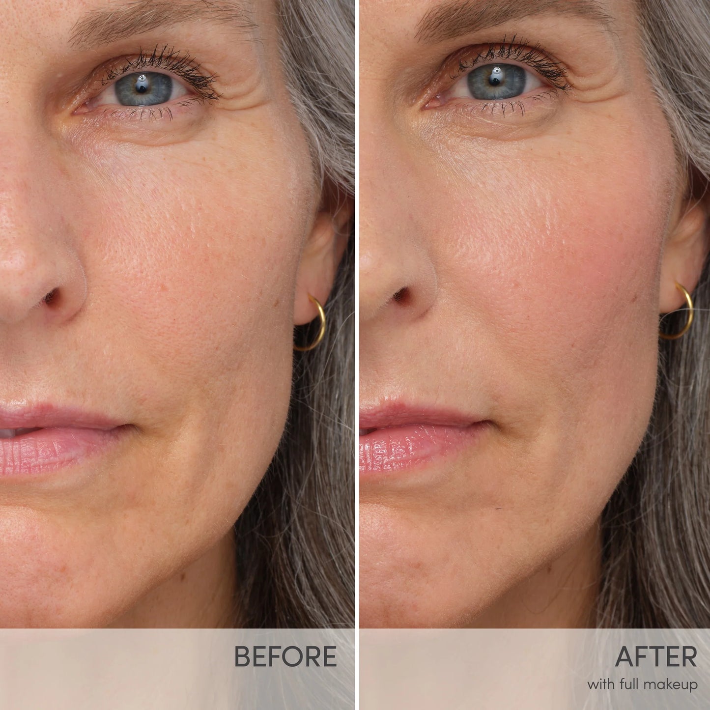 Before and after of woman's face using Smooth Affair® Illuminating Glow Face Primer, showing enhanced smoothness and subtle radiance for a dewy, fresh complexion.