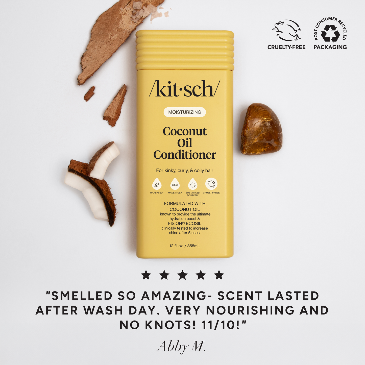 Kitsch’s Moisturizing Coconut Oil Conditioner bottle with coconut elements, highlighting its nourishing formula for curly hair, cruelty-free, and eco-friendly packaging.