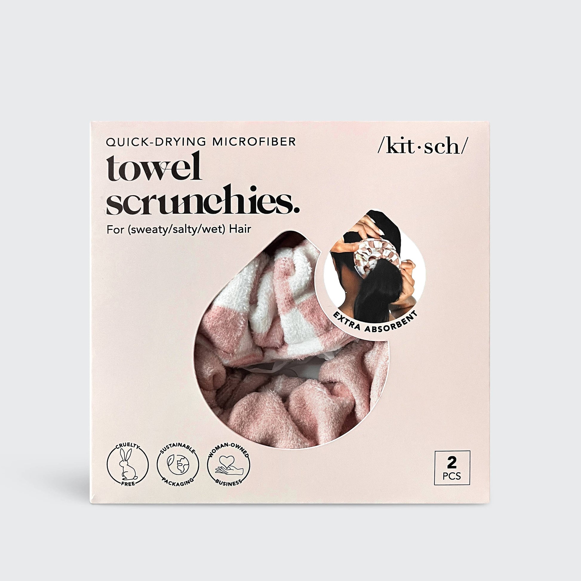 Microfiber Quick-Dry Towel Scrunchie 2PC - Terracotta Checker in sustainable packaging, showcasing fluffy scrunchies for wet hair, promoting reduced drying time and frizz control.