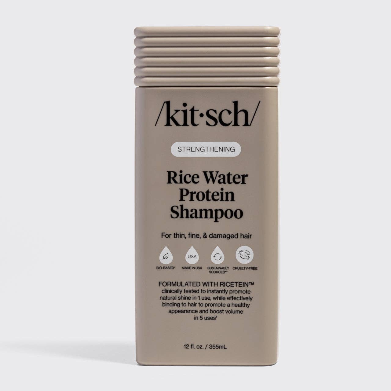 Kitsch Strengthening Rice Water Shampoo bottle, formulated for thin, fine, damaged hair; bio-based, cruelty-free, promotes shine and volume with Ricetein™ complex.