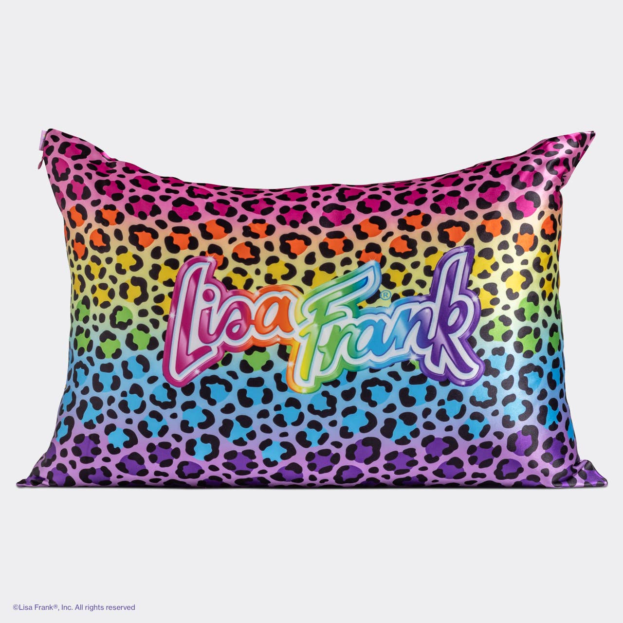 Lisa Frank x Kitsch Standard Satin Pillowcase features a rainbow leopard print with logo, offering gentle, cool sleep benefits and reduced hair frizz.