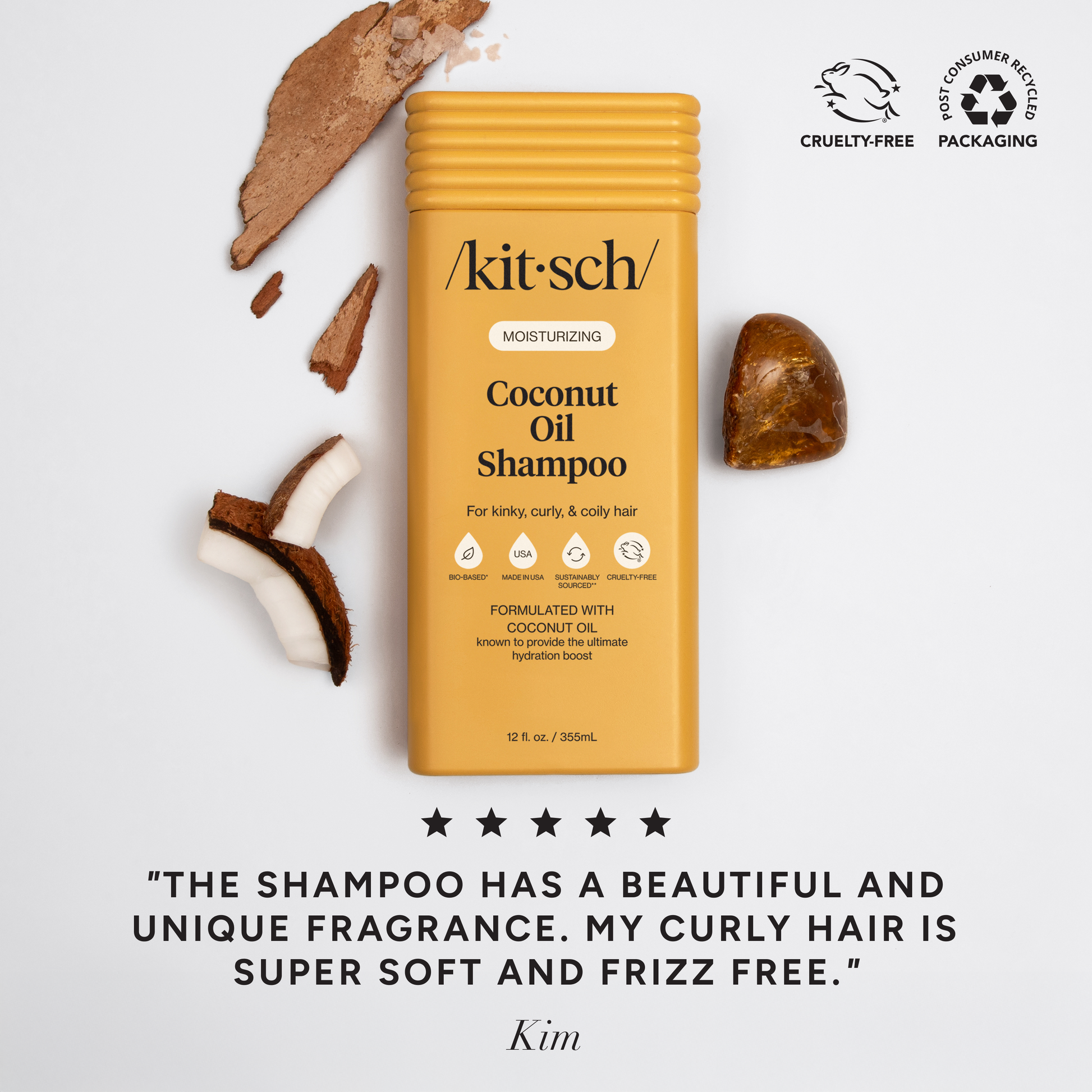 Kitsch Moisturizing Coconut Oil Shampoo bottle with coconut shells and natural ingredients, featuring icons for cruelty-free and recycled packaging, plus a five-star rating and customer praise.