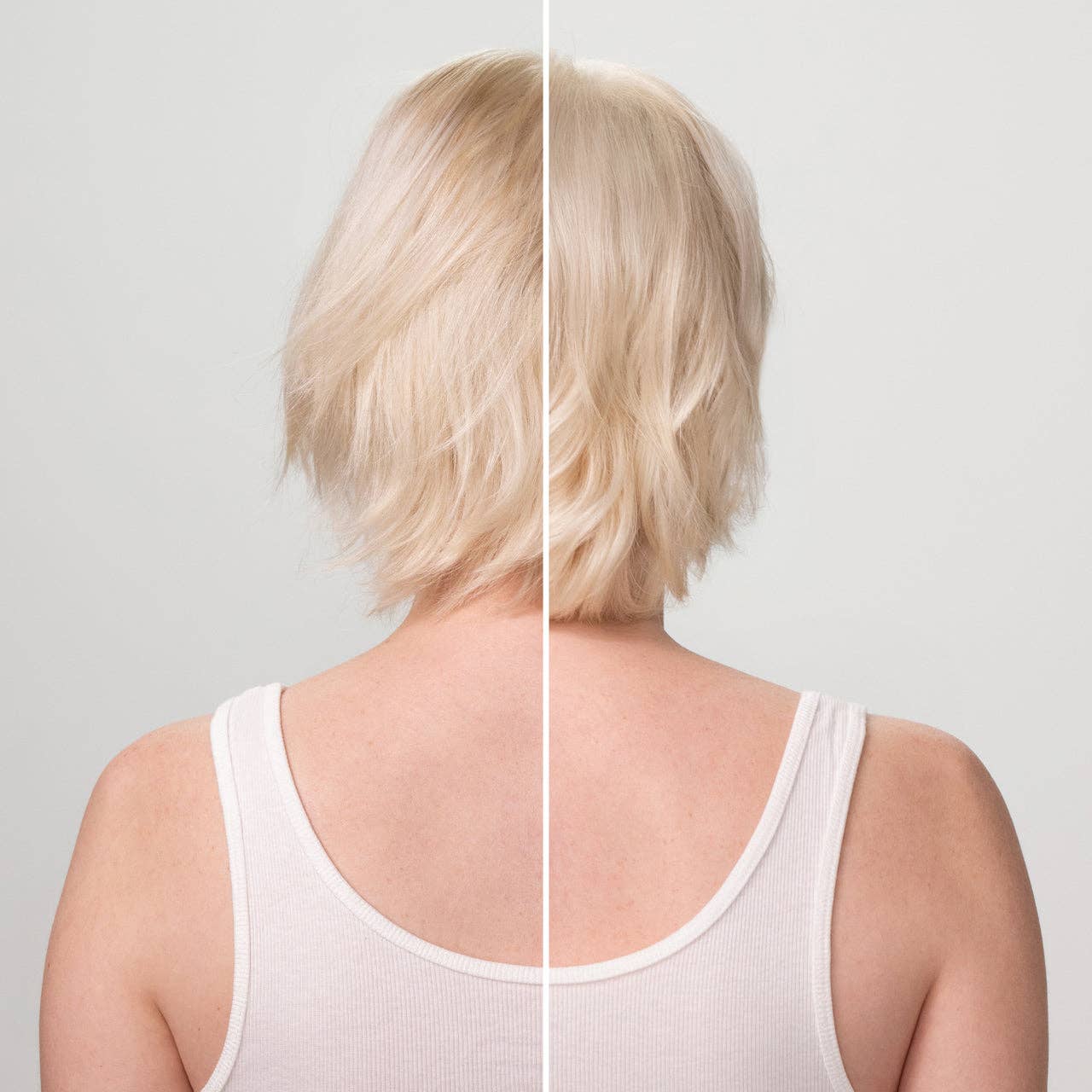 Comparison of hair before and after using Repairing Argan Oil Shampoo, showing improved shine and defined layers on the right side.