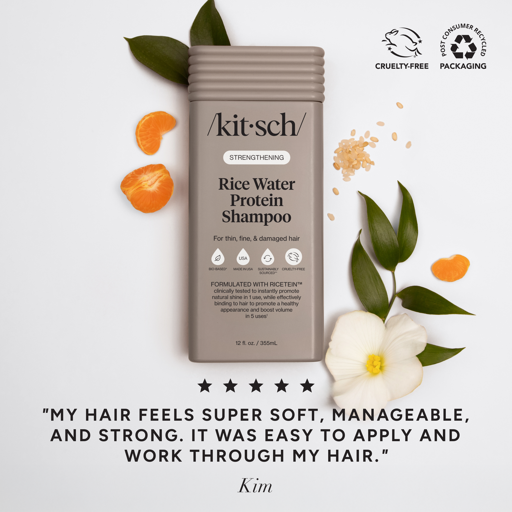 /kit-sch/ Rice Water Protein Shampoo bottle with icons, mandarin slices, rice grains, and leaves. Quote highlights softness and strength. Five-star rating shown.
