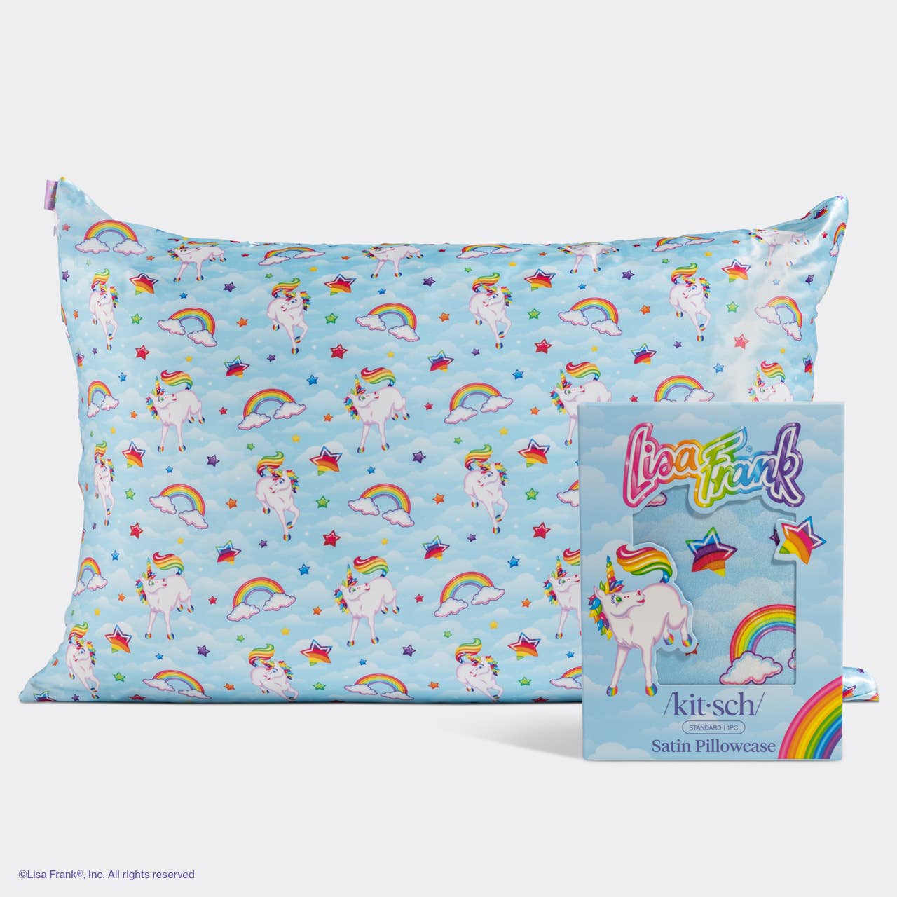 Lisa Frank x Kitsch Standard Satin Pillowcase featuring unicorns and rainbows, designed for reducing frizz and breakouts, promoting gentle skin and hair care.