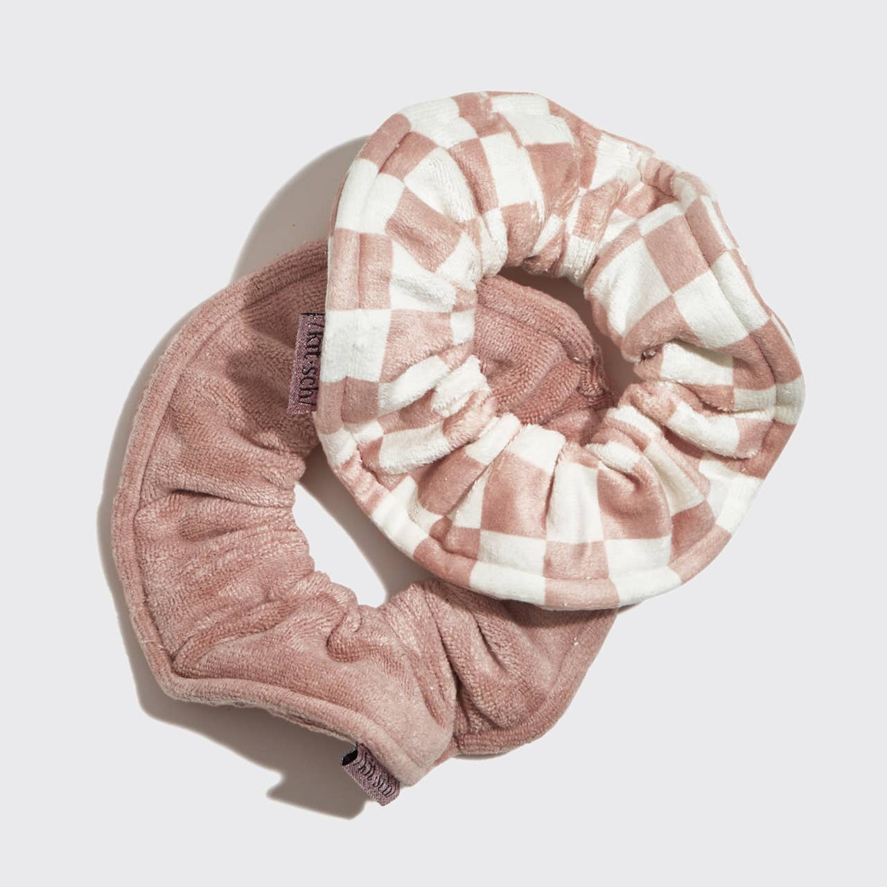 Microfiber Quick-Dry Towel Scrunchie 2PC- Terracotta Checker featuring plush, soft terry and checker patterns, ideal for reducing drying time and minimizing hair frizz.