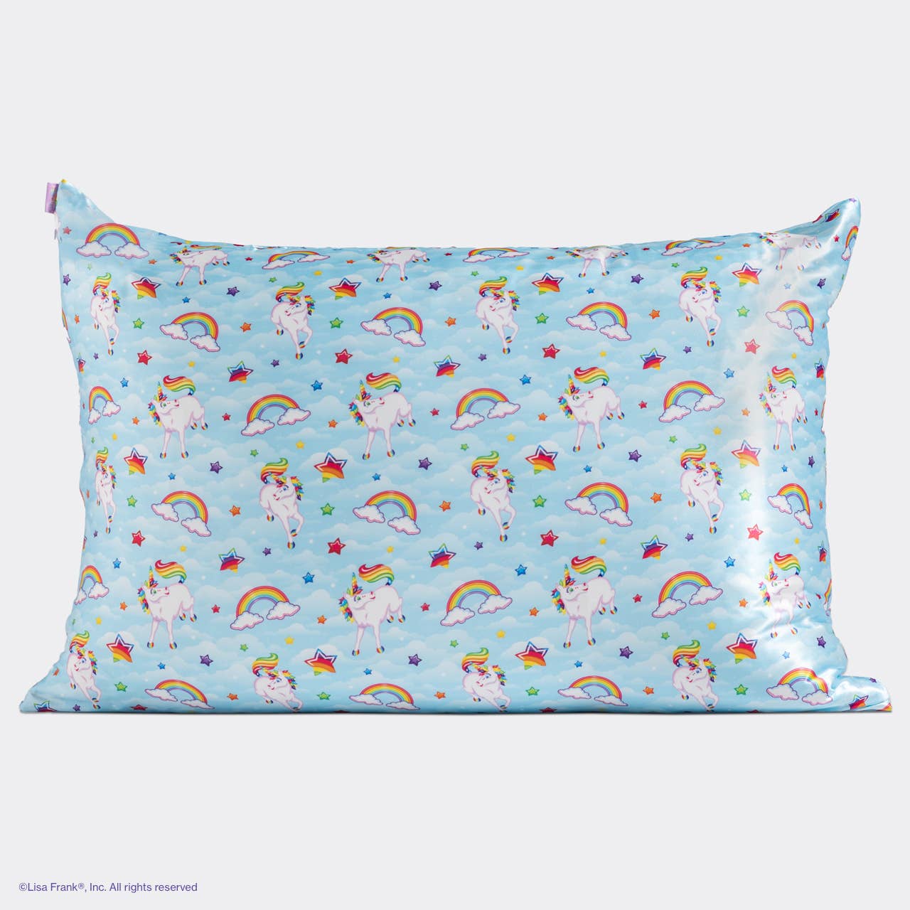 Lisa Frank x Kitsch Standard Satin Pillowcase featuring unicorns and rainbows; reduces frizz, breakouts, and creases, gentle on skin and hair.