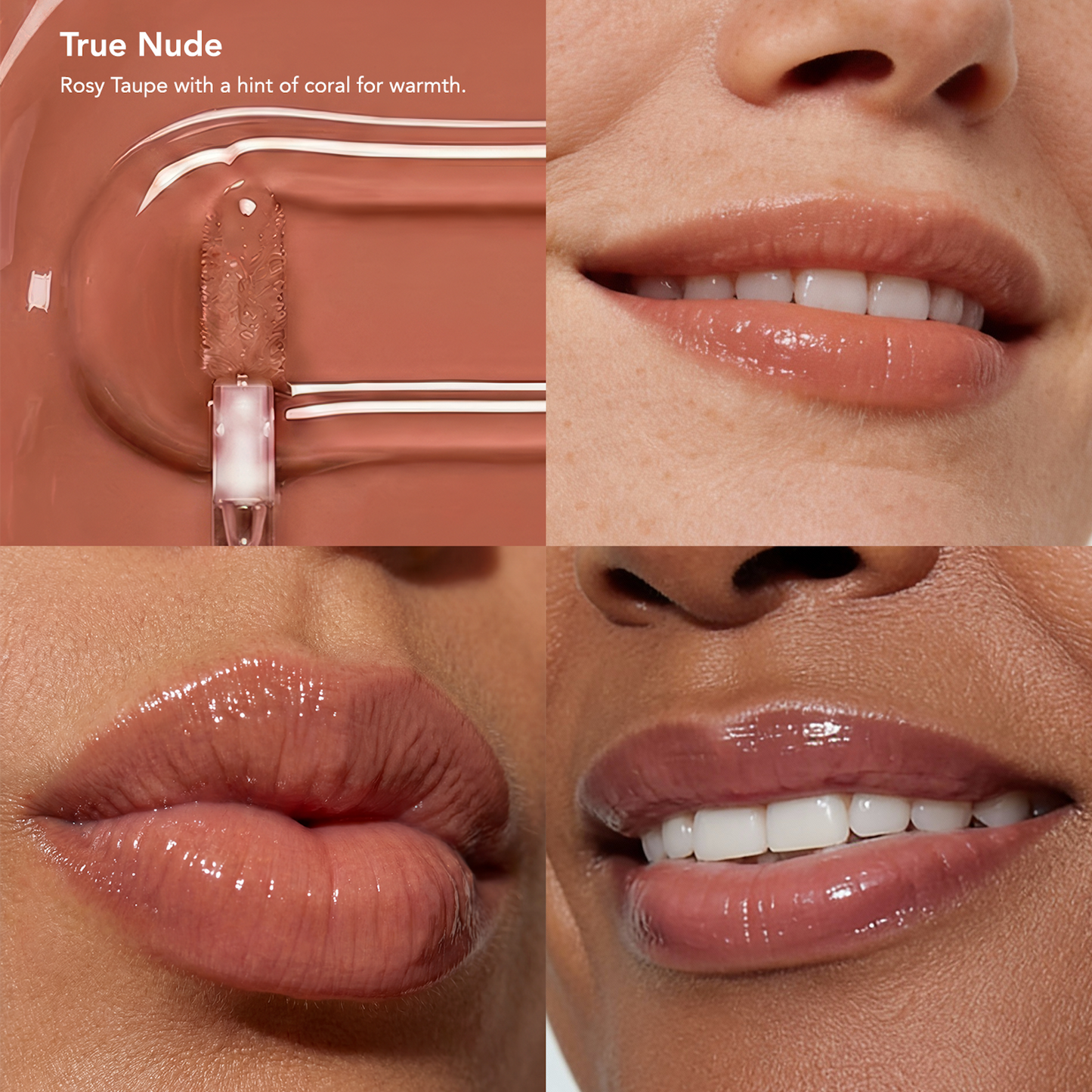 SPF 40 Nourishing Lip Serum showcased on diverse lips; glossy rosy-taupe shade enhances all skin tones, offering protection, hydration, and natural beauty in one swipe.