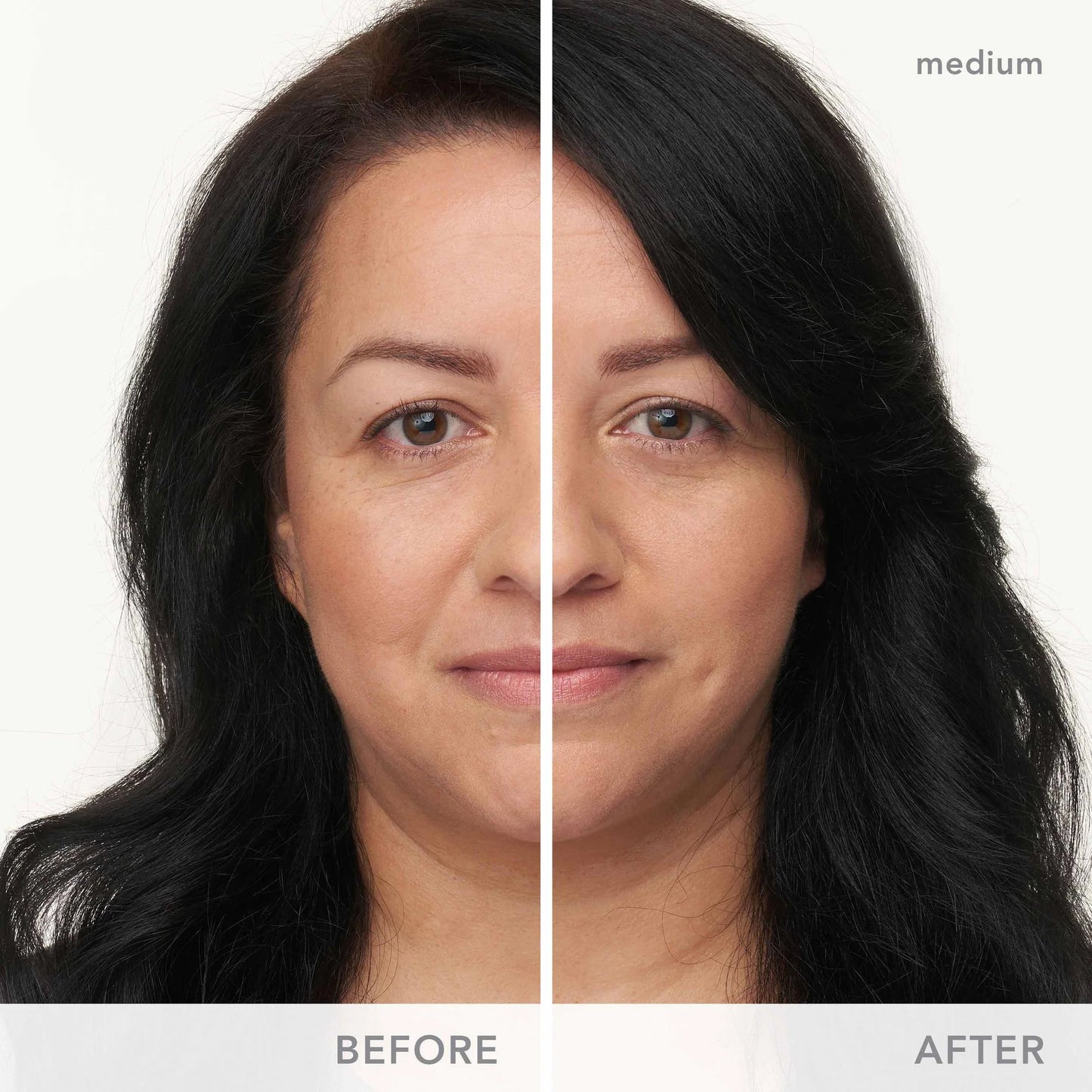 Woman's face before and after using Dream Tint® Tinted Moisturizer SPF 15, showing improved skin tone, smoothness, and brightness with natural-looking glow.