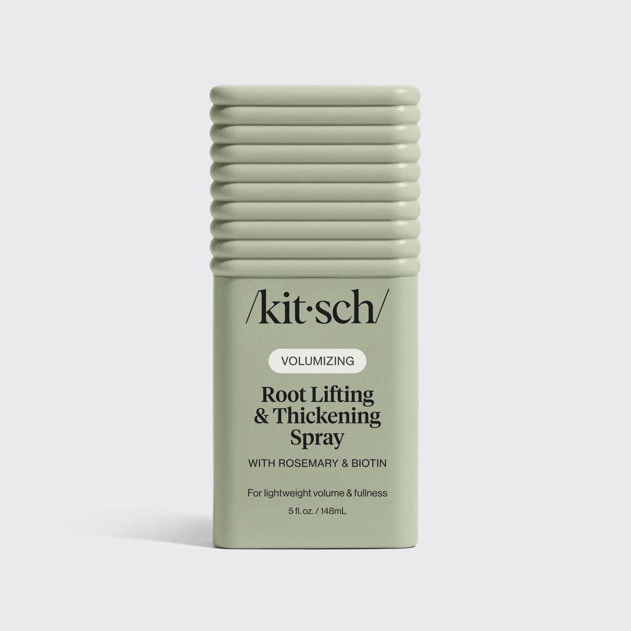 Kitsch Root Lifting & Thickening Spray in a sage-green bottle, promotes volumized, full roots with rosemary and biotin, perfect for lightweight, healthy hair.