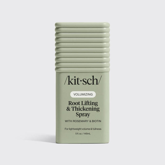 Kitsch Root Lifting & Thickening Spray in a sage-green bottle, promotes volumized, full roots with rosemary and biotin, perfect for lightweight, healthy hair.