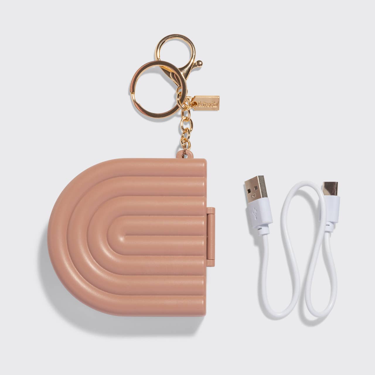 Terracotta Compact Mirror Keychain with LED, USB-rechargeable, featuring dual magnification, and a gold clip for easy attachment. Includes a USB-C cable for charging.