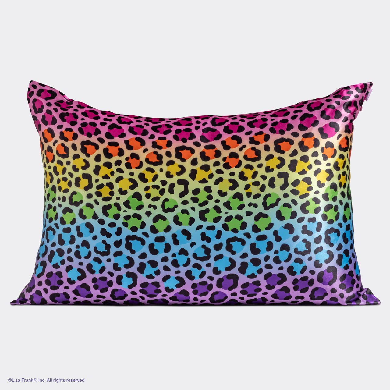 Lisa Frank x Kitsch Standard Satin Pillowcase features a rainbow-gradient leopard pattern, promoting frizz reduction and gentle skin care while sleeping.