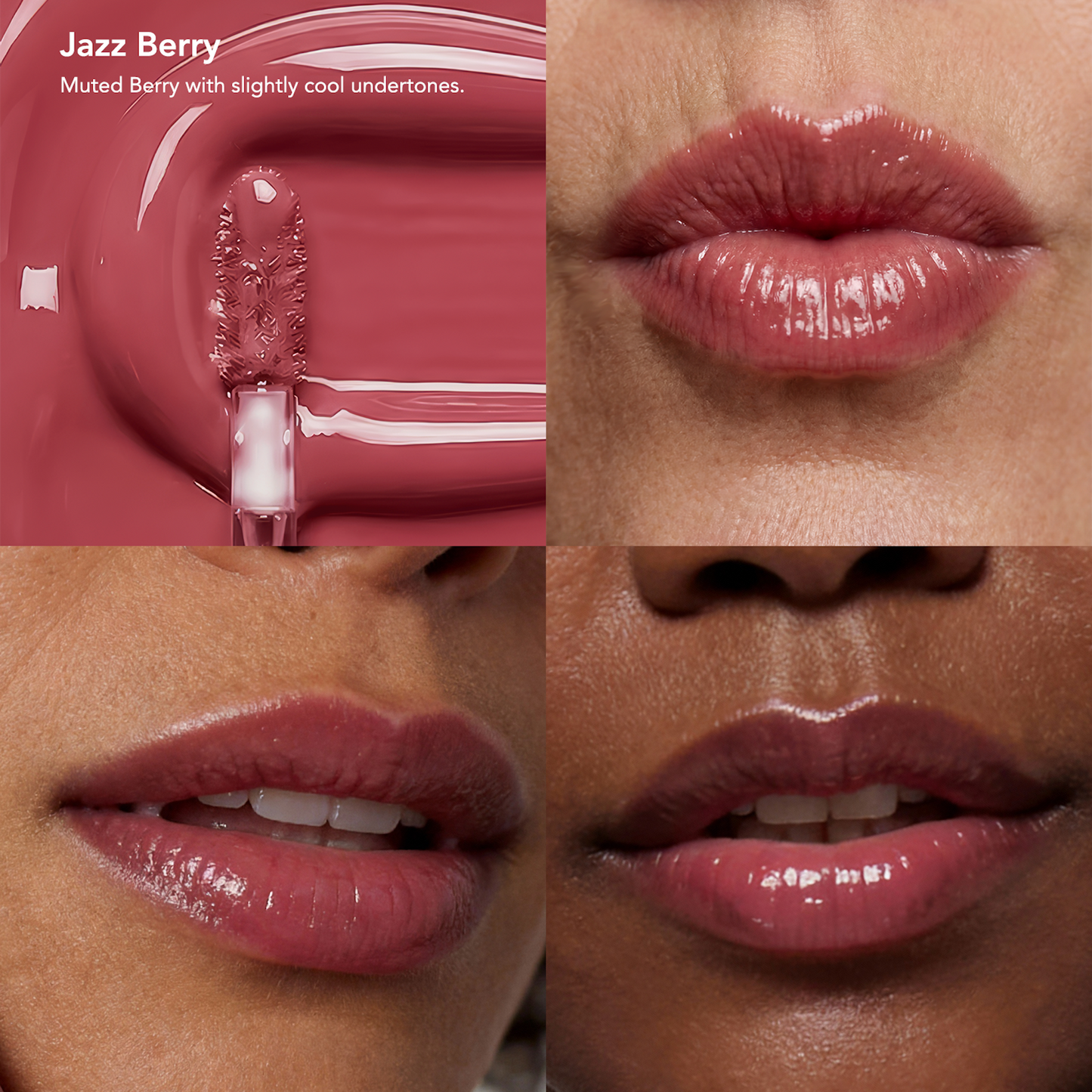 SPF 40 Nourishing Lip Serum in Jazz Berry shade on diverse lips, showcasing its protective, hydrating formula with a smooth, satin finish.
