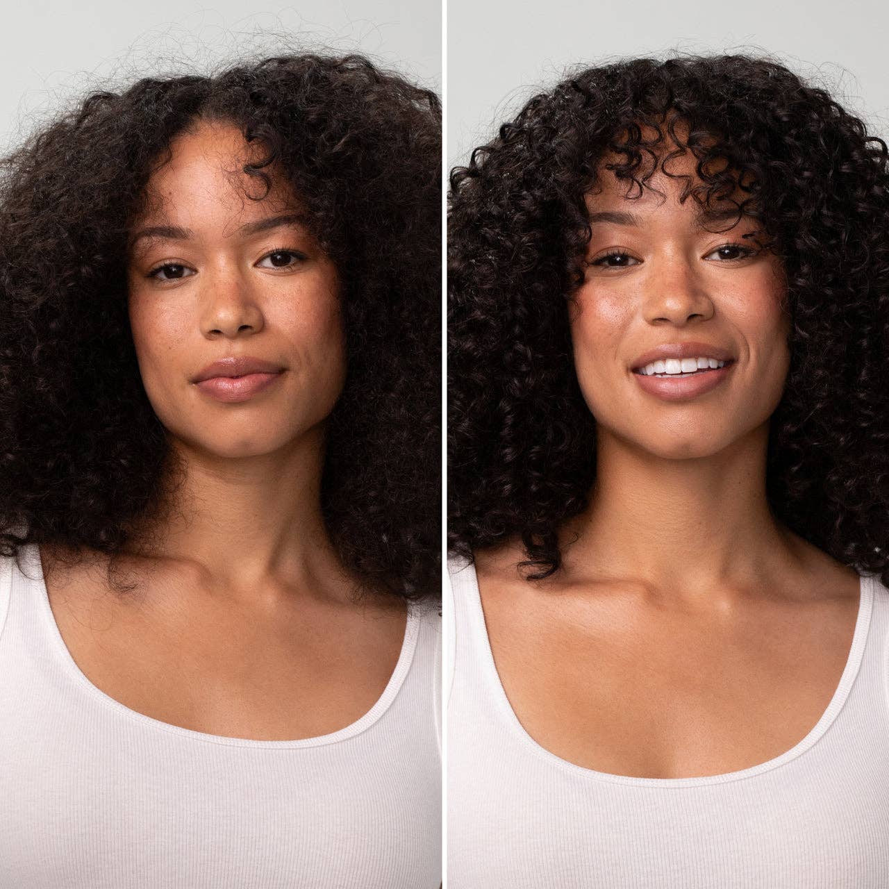 Woman before and after using Moisturizing Coconut Oil Shampoo, showcasing looser curls and defined, shiny, bouncy curls, highlighting hydration and manageability benefits.