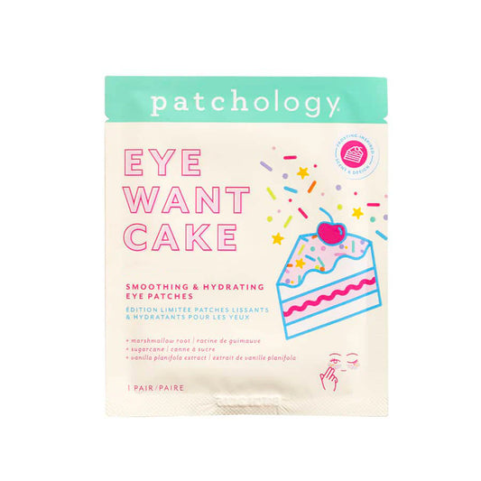 Patchology Eye Want Cake eye patches sachet featuring frosted cake art, highlighting hydrating marshmallow root, sugarcane, and vanilla extracts for soothing under-eye care.