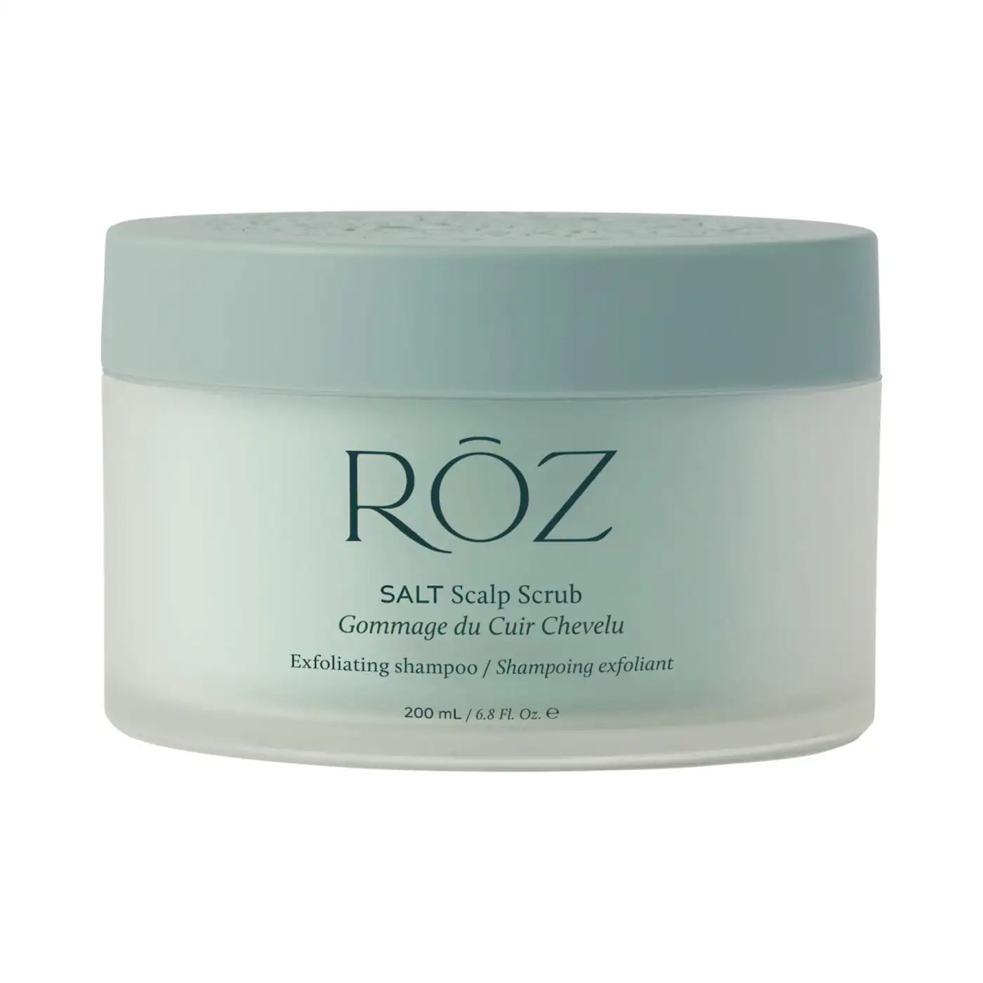 RŌZ Salt Scalp Scrub Exfoliating Shampoo in a 200 mL jar, designed to exfoliate and refresh the scalp with mineral salts and a rich, creamy lather.