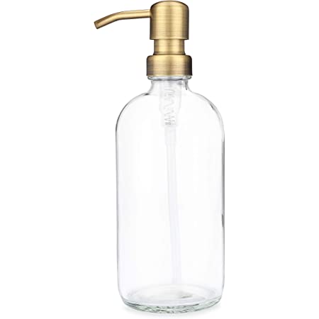 Glass 16 oz. Dispenser Bottle Brass Metal Pump